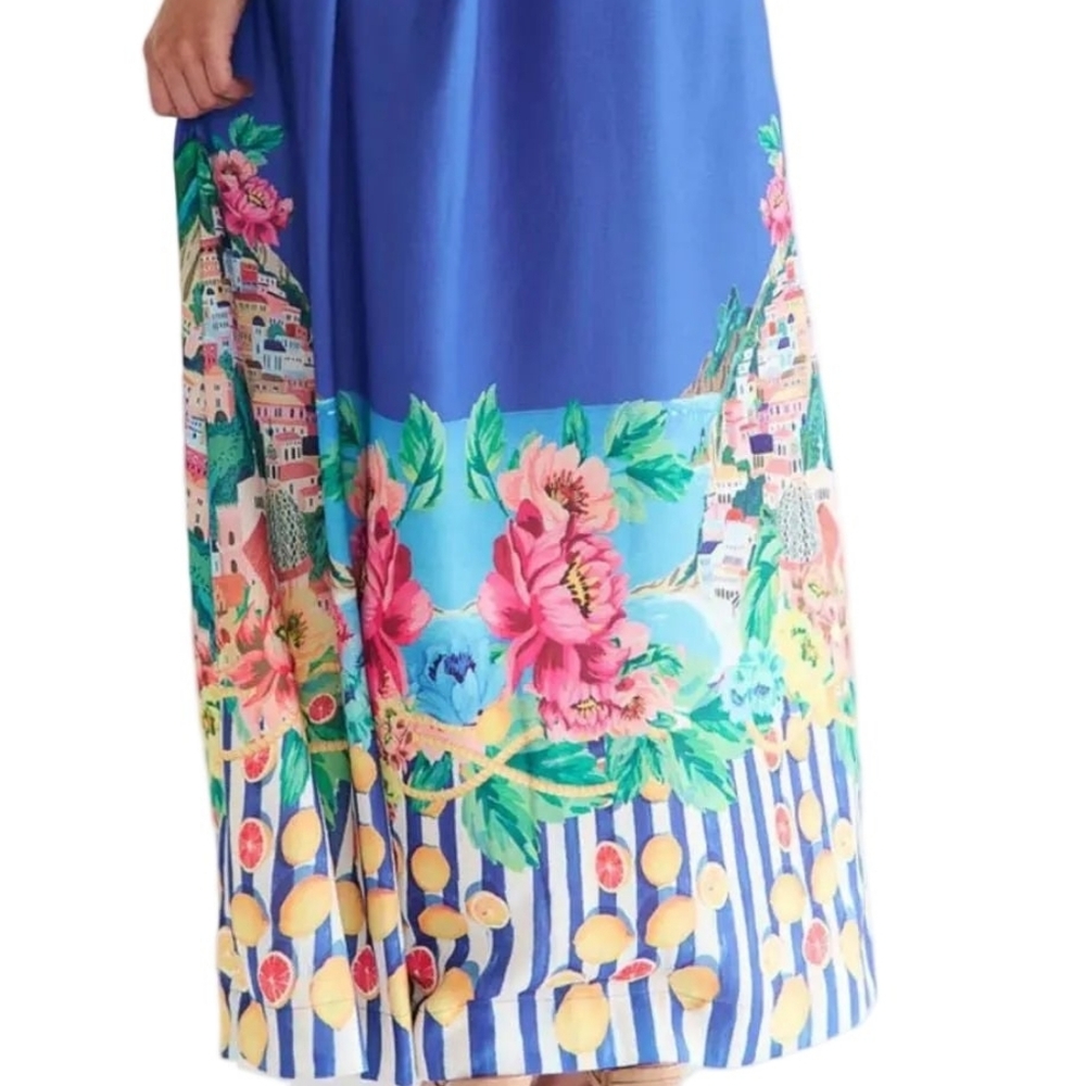 Garden Floral Button-Up Mock Neck Puff Sleeve Wide Belt Slit Front Maxi Dress - Picture 15 of 16